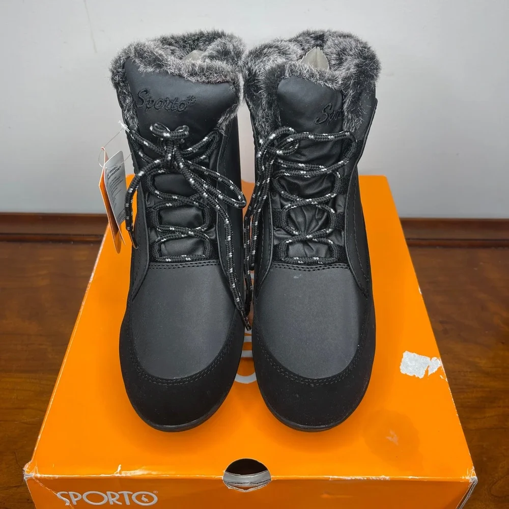 Sporto Lilian Womens Black Lace Up Ankle Boots Faux‎ Fur Trim Size 7M New In Box